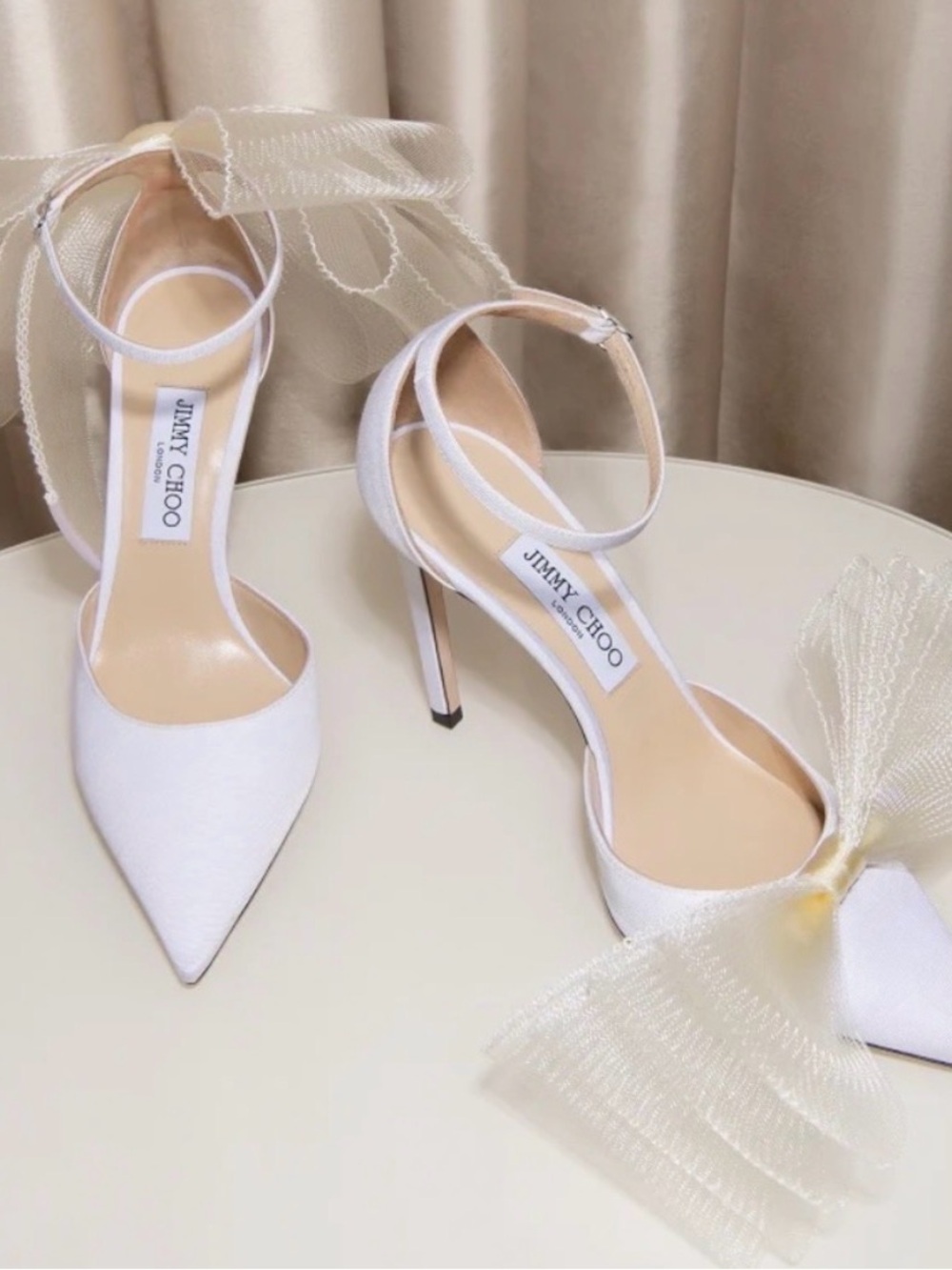 Jimmy Choo White Satin Pointed-Toe Bow Ankle-Strap Pumps - Picture 2 of 5